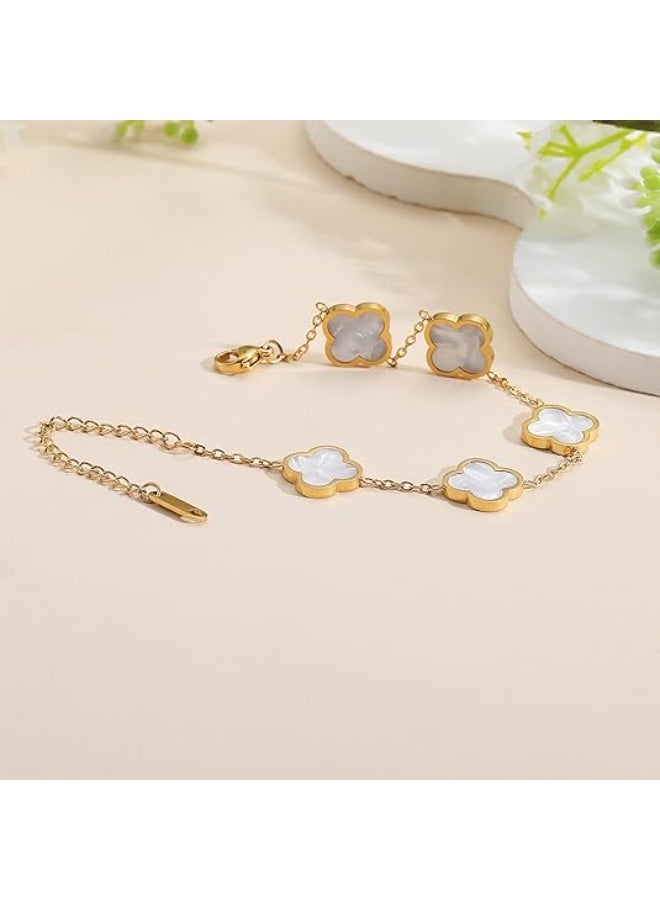 يوكانبي سوار من الفولاذ التيتانيوم مطلي بالذهب عيار 18 قيراط للنساء – تصميم برسمة البرسيم مع ترصيع صدفة اللؤلؤ، لا يبهت، إكسسوار أنيق - Image 5