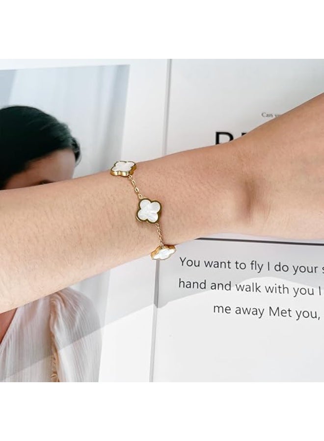 يوكانبي سوار من الفولاذ التيتانيوم مطلي بالذهب عيار 18 قيراط للنساء – تصميم برسمة البرسيم مع ترصيع صدفة اللؤلؤ، لا يبهت، إكسسوار أنيق - Image 4