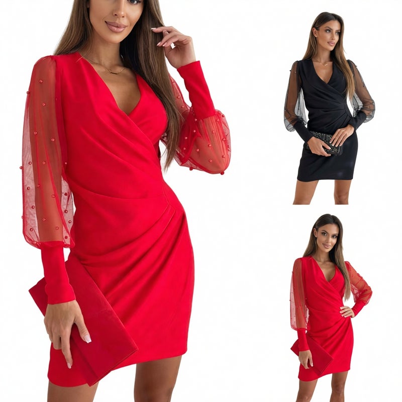 V-Neck Lace Long Sleeve Bodycon Midi Dress for Women