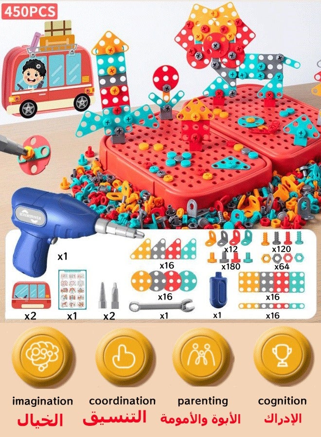 450 Pcs Creative Mosaic Drill Set Toys, Stem Drill Toy Pretend Electric Drill Screw Engineering Puzzle Kit Screwdriver Toys Drill and Screw Toys Montessori Toys for Age 3 to 10 Years DIY Learning Bu - Image 1