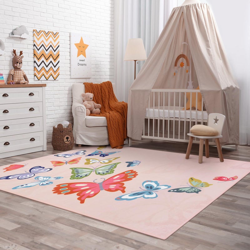 STARUIA Girls Rugs for Bedroom, 5x7 Washable Pink Kids Rugs for Playroom Nursery, Non Slip Soft Butterfly Area Rug, Baby Carpet for Kids Room Daycare Tent Dorm Castle Indoor Decor - Image 1