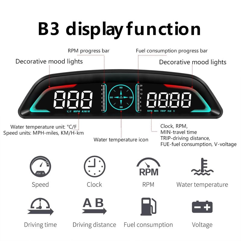AZIJYV شاشة عرض القياسات OBD2، شاشة عرض أمامية للسيارات، عداد السرعة مع السرعة، دو��ان المحرك في الدقيقة، الساعة، إنذار السرعة الزائدة، إنذار درجة حرارة الماء، تذكير القيادة المتعبة، يناسب معظم الموديلات بعد عام 2008 - Image 3