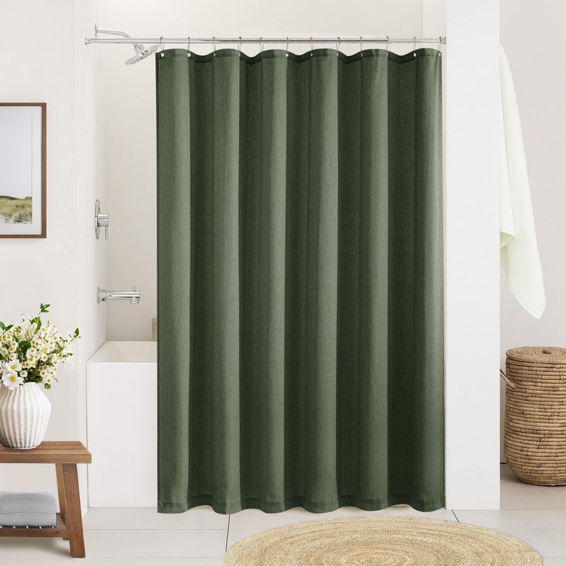 DUKIYO Olive Green Linen Shower Curtain Boho Farmhouse Shower Curtains for Bathroom Dark Green Aesthetic Bath Decor Sheer Cloth Water Repellent with Hooks Sets Spring Decor 72x72 Inch - Image 1
