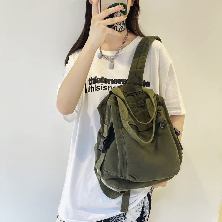 Sumleno Small Boho Canvas Backpack for Women Vintage Style Outdoor Travel Bag Casual Daypack Grunge Aesthetic Hippie Y2K Backpack (Green,One Size) - Image 3