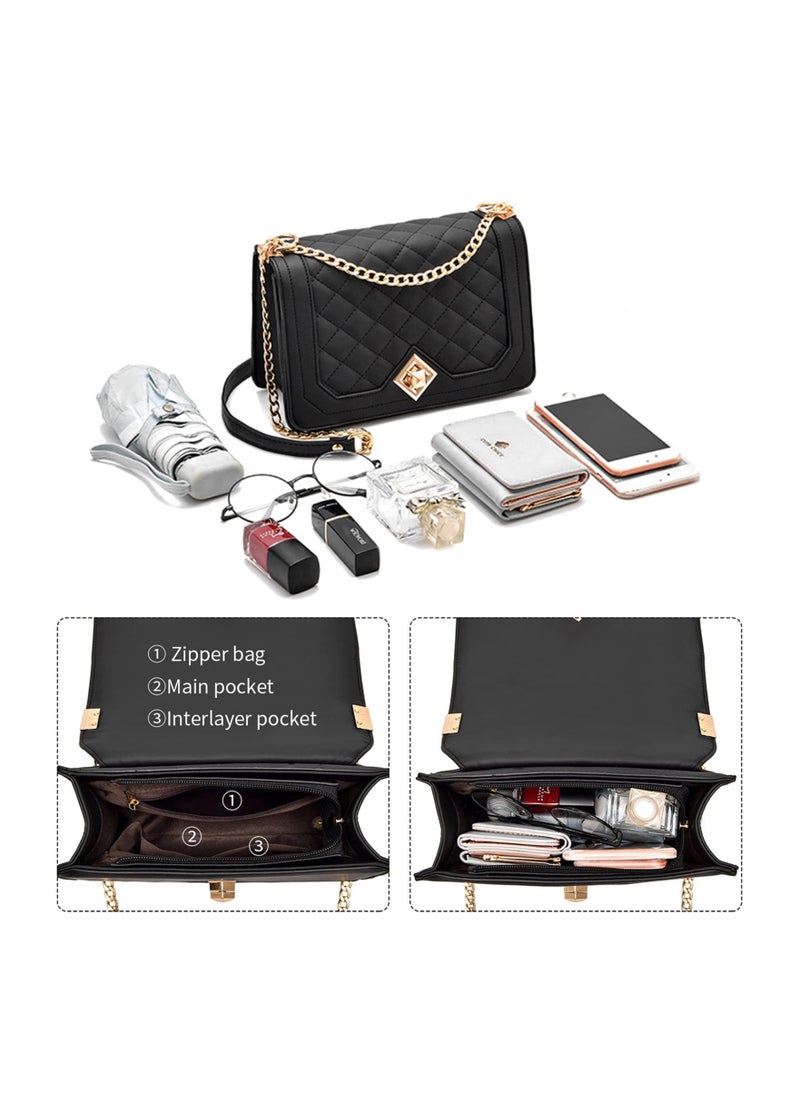 SYOSI - Crossbody Bags for Women Small Handbags PU Leather Shoulder Purse Evening Quilted Satchels with Chain Strap Black 23X9X15cm - Image 1