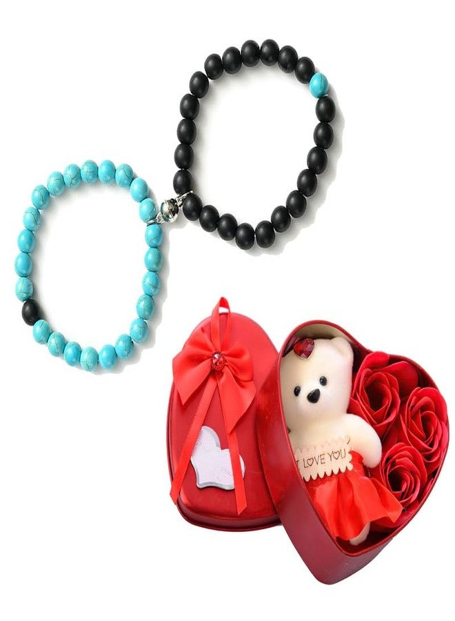 Thrillz Valentine Gift For Girlfriend Couple Bracelets Aqua & Black Natural Stone Onyx Stretchable Heart Magnetic Bracelet For Women Men Girls With Heartbox Love Gifts - Image 1