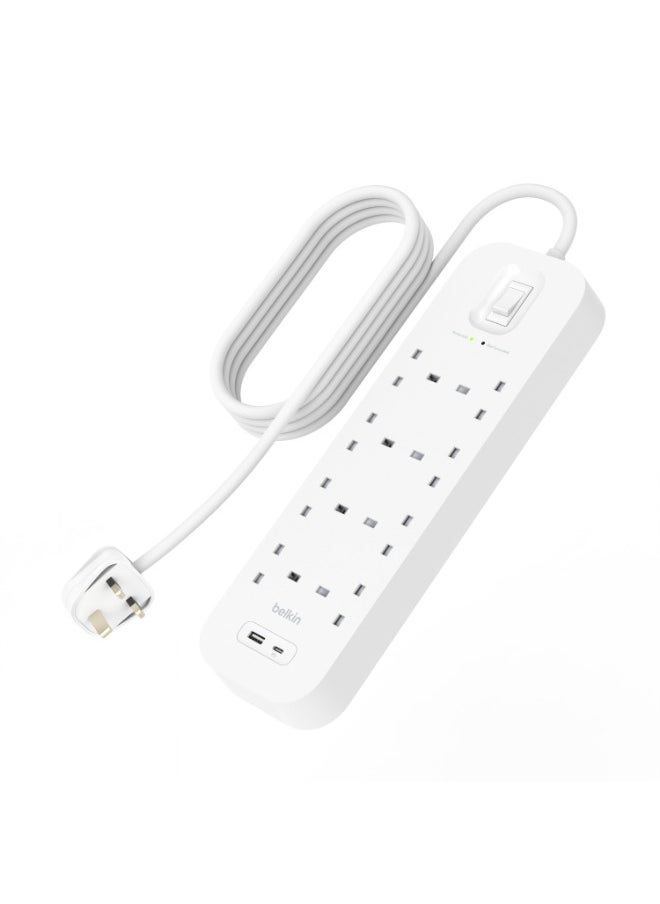 belkin - 8-Outlet Surge Protector w/ Charging Ports 18W | 2meters Cable Length, 900 Joules Protection, PD Fast Charge 1x USB/C 1x USB-A, Heavy Duty Chord, w/ Switch & LED Indicator - UK 3-Pin - Image 1