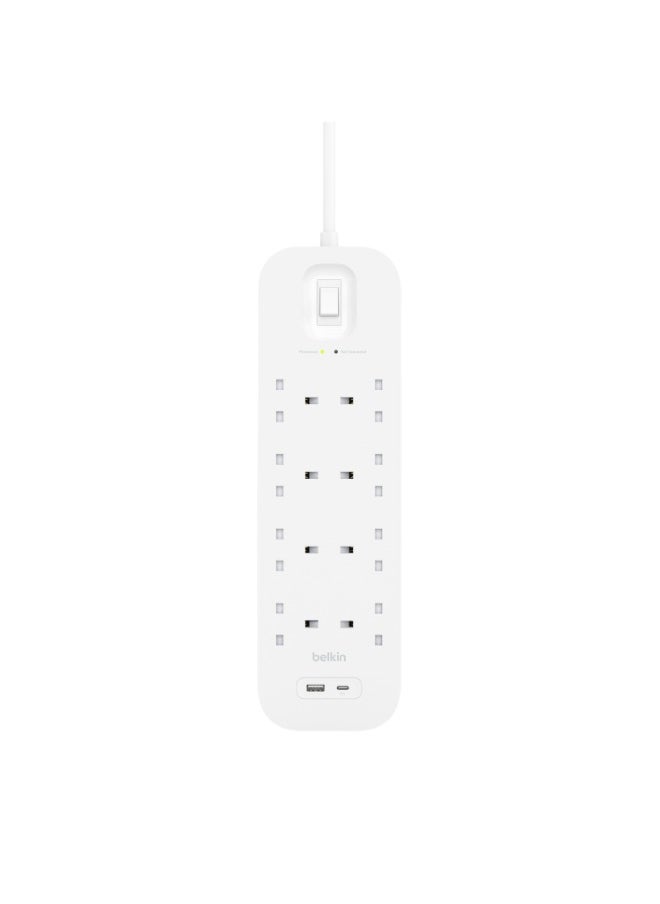 belkin - 8-Outlet Surge Protector w/ Charging Ports 18W | 2meters Cable Length, 900 Joules Protection, PD Fast Charge 1x USB/C 1x USB-A, Heavy Duty Chord, w/ Switch & LED Indicator - UK 3-Pin - Image 1