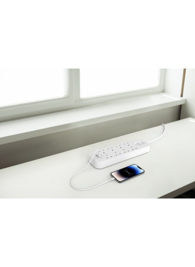 belkin - 8-Outlet Surge Protector w/ Charging Ports 18W | 2meters Cable Length, 900 Joules Protection, PD Fast Charge 1x USB/C 1x USB-A, Heavy Duty Chord, w/ Switch & LED Indicator - UK 3-Pin - Image 1