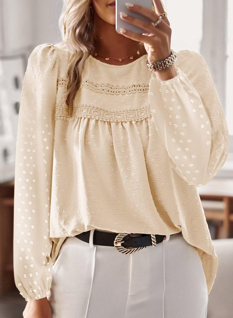 Falechay Business Casual Tops for Women Swiss Dots Long Sleeve Boho Blouse Flowy Bohemian Lace Crewneck Tunic Top Fall 2026 Apricot M - Image 4