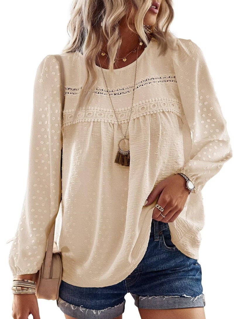 Falechay Business Casual Tops for Women Swiss Dots Long Sleeve Boho Blouse Flowy Bohemian Lace Crewneck Tunic Top Fall 2026 Apricot M - Image 1