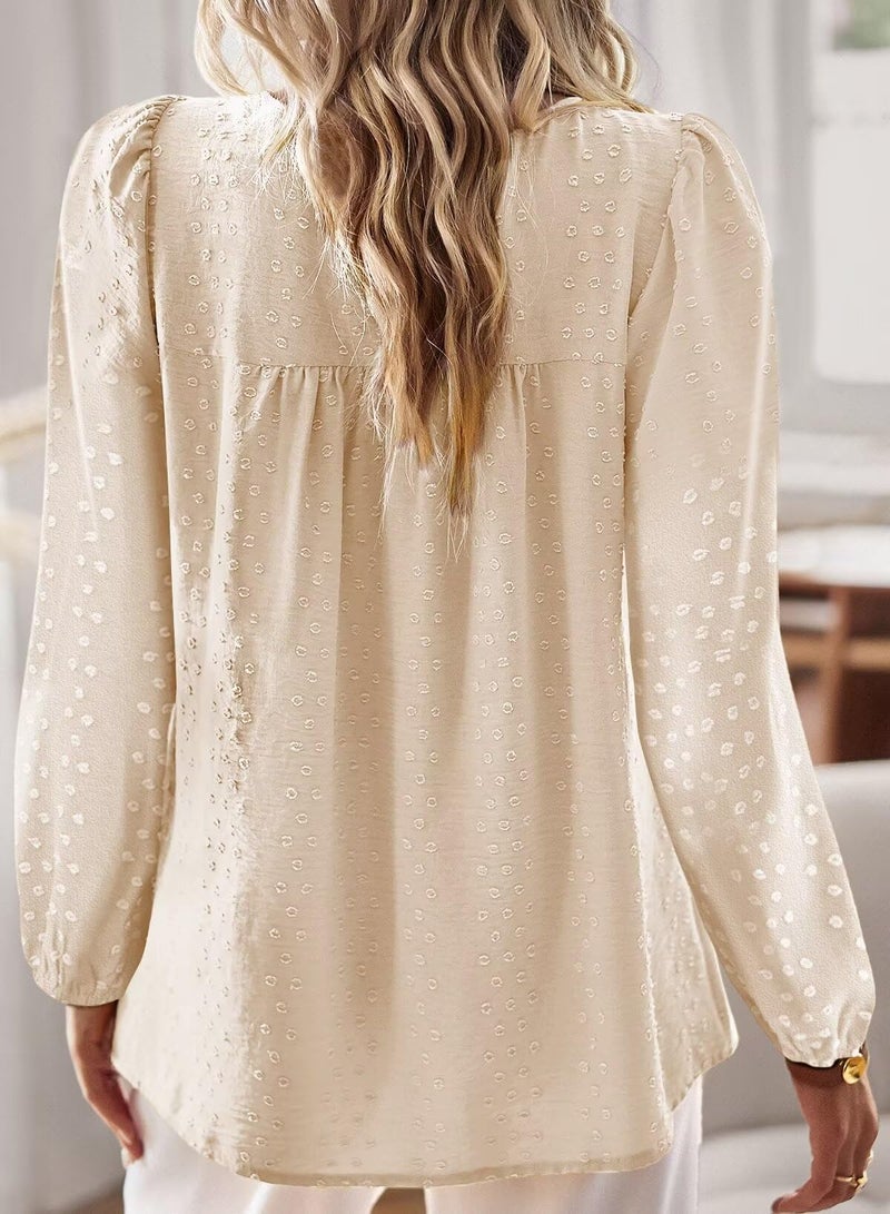 Falechay Business Casual Tops for Women Swiss Dots Long Sleeve Boho Blouse Flowy Bohemian Lace Crewneck Tunic Top Fall 2026 Apricot M - Image 3