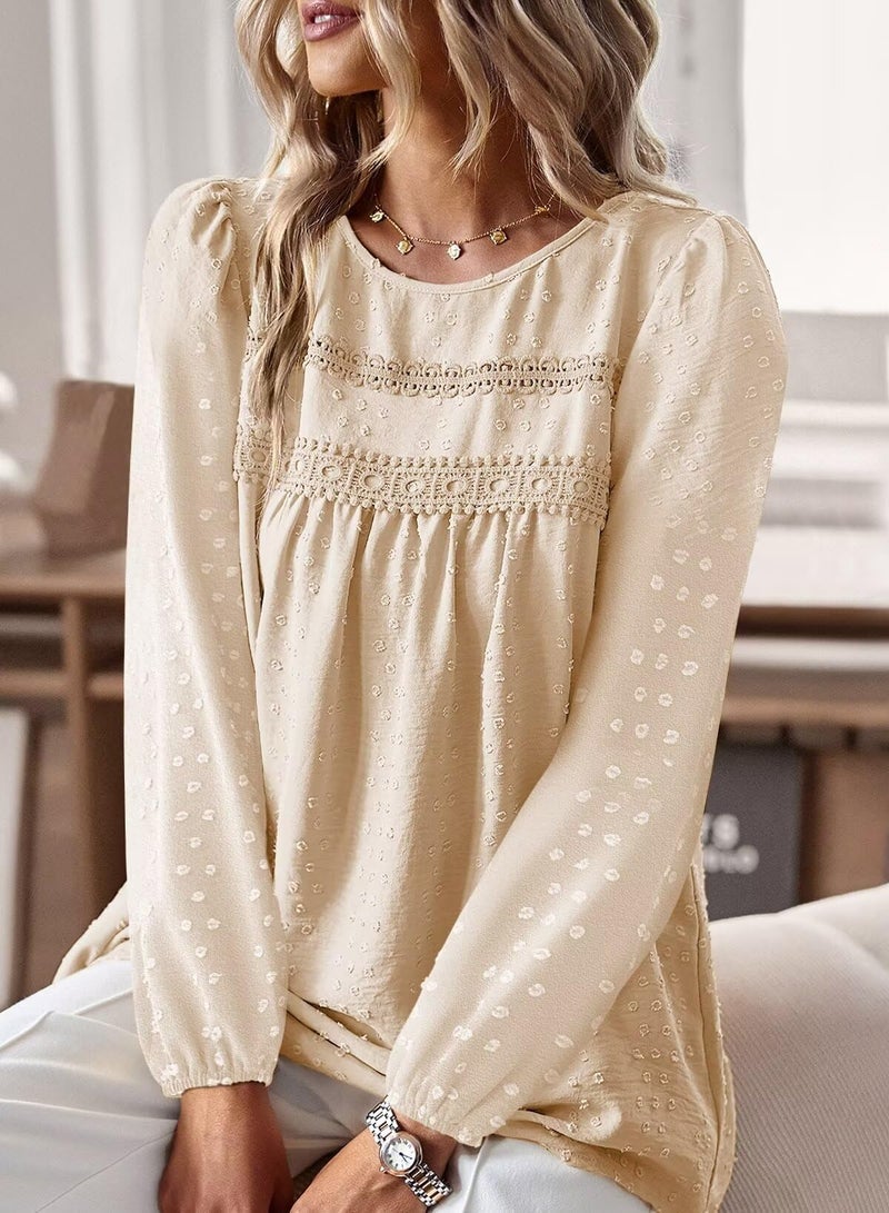 Falechay Business Casual Tops for Women Swiss Dots Long Sleeve Boho Blouse Flowy Bohemian Lace Crewneck Tunic Top Fall 2026 Apricot M - Image 2