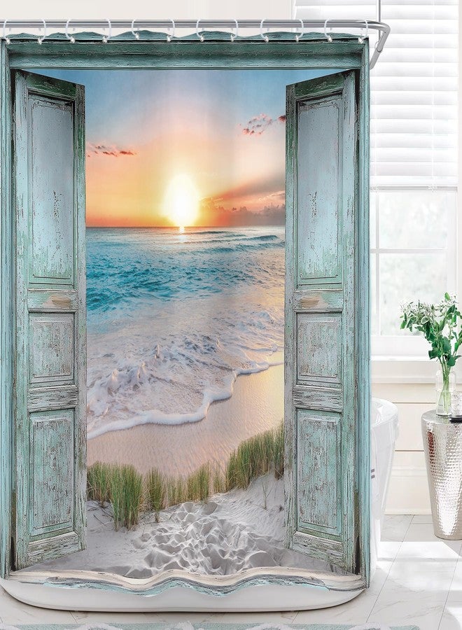 Riyidecor Ocean Beach Teal Barn Door Shower Curtain for Bathroom Decor 72Wx72H Hawaiian Sunset Scenery Sea Wave Retro Wood Rustic Nature Art Printed Fabric Polyester Waterproof 12 Pack Plastic Hooks - Image 2