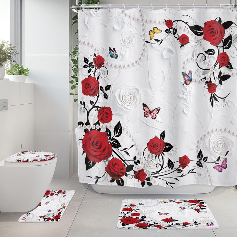 Riyidecor Red Rose 4Pcs Bathroom Shower Curtain Sets Non-Slip Rugs Bath Mat Toilet Cover U Shaped Mat ï¼ŒFloral Burgundy Flowers Elegant Bathroom Setï¼ŒWedding Decor for Bath,72 x 72 inch with 12 Hooks - Image 1