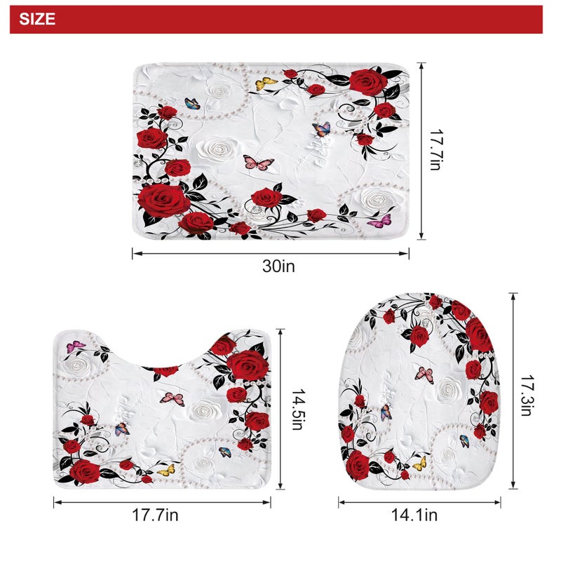 Riyidecor Red Rose 4Pcs Bathroom Shower Curtain Sets Non-Slip Rugs Bath Mat Toilet Cover U Shaped Mat ï¼ŒFloral Burgundy Flowers Elegant Bathroom Setï¼ŒWedding Decor for Bath,72 x 72 inch with 12 Hooks - Image 4