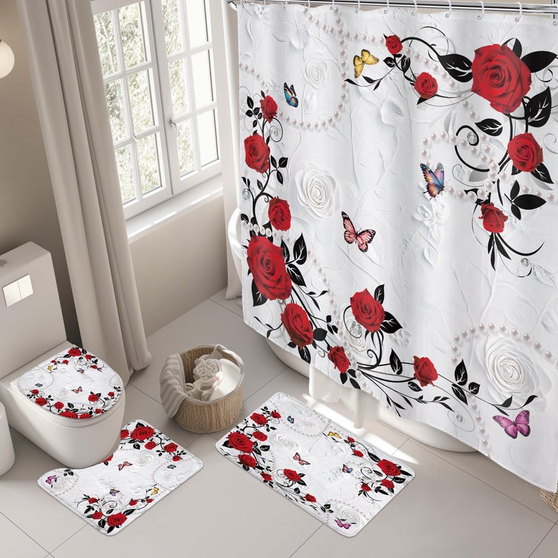 Riyidecor Red Rose 4Pcs Bathroom Shower Curtain Sets Non-Slip Rugs Bath Mat Toilet Cover U Shaped Mat ï¼ŒFloral Burgundy Flowers Elegant Bathroom Setï¼ŒWedding Decor for Bath,72 x 72 inch with 12 Hooks - Image 3