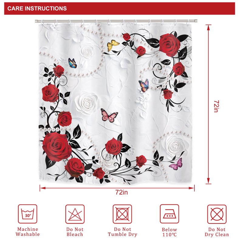 Riyidecor Red Rose 4Pcs Bathroom Shower Curtain Sets Non-Slip Rugs Bath Mat Toilet Cover U Shaped Mat ï¼ŒFloral Burgundy Flowers Elegant Bathroom Setï¼ŒWedding Decor for Bath,72 x 72 inch with 12 Hooks - Image 5