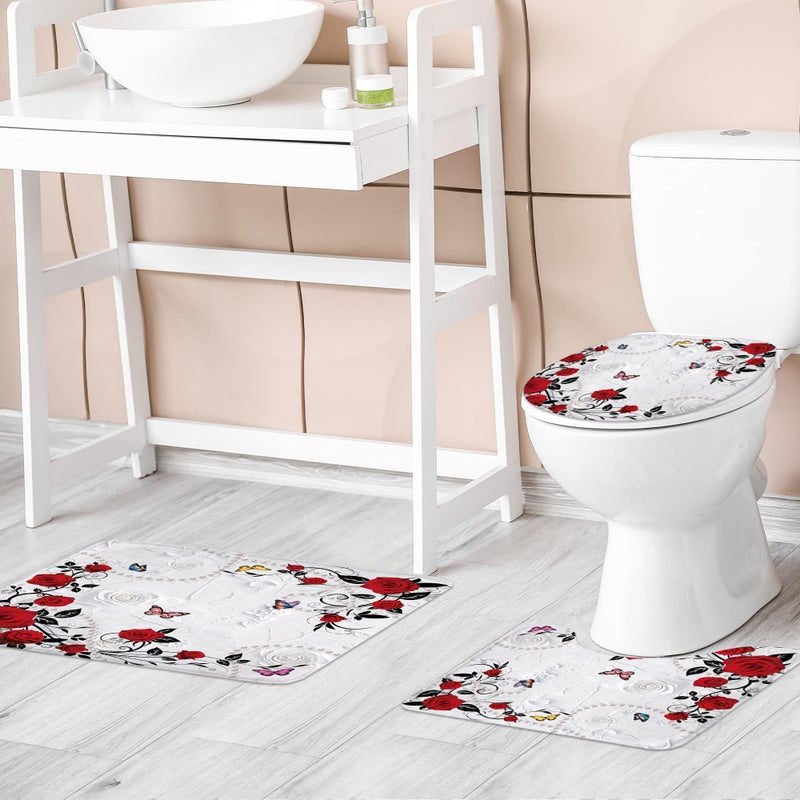Riyidecor Red Rose 4Pcs Bathroom Shower Curtain Sets Non-Slip Rugs Bath Mat Toilet Cover U Shaped Mat ï¼ŒFloral Burgundy Flowers Elegant Bathroom Setï¼ŒWedding Decor for Bath,72 x 72 inch with 12 Hooks - Image 2