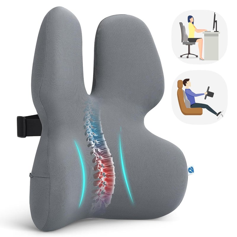 2Buds Lumbar Support Pillow For Office Chair Back Support Pillow For Car Computer Gaming Chair Recliner Memory Foam Back Cushion For Pain Relief Improve Posture Grey - Image 1