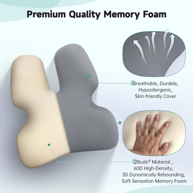 2Buds Lumbar Support Pillow For Office Chair Back Support Pillow For Car Computer Gaming Chair Recliner Memory Foam Back Cushion For Pain Relief Improve Posture Grey - Image 3