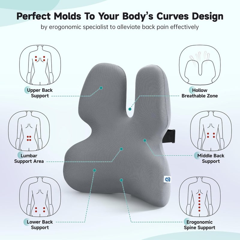 2Buds Lumbar Support Pillow For Office Chair Back Support Pillow For Car Computer Gaming Chair Recliner Memory Foam Back Cushion For Pain Relief Improve Posture Grey - Image 2
