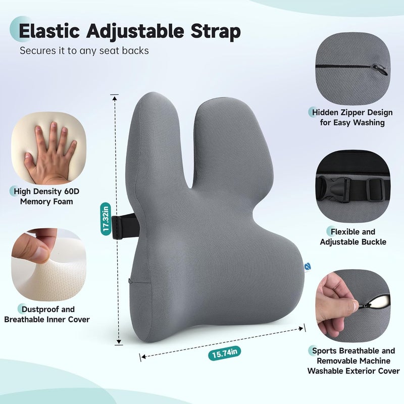 2Buds Lumbar Support Pillow For Office Chair Back Support Pillow For Car Computer Gaming Chair Recliner Memory Foam Back Cushion For Pain Relief Improve Posture Grey - Image 4