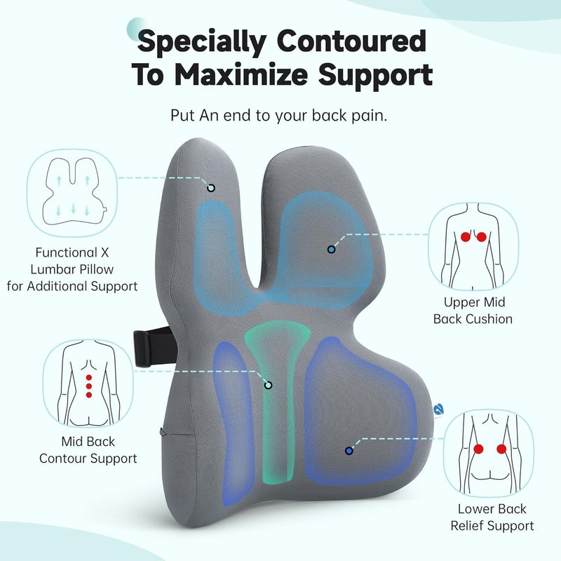 2Buds Lumbar Support Pillow For Office Chair Back Support Pillow For Car Computer Gaming Chair Recliner Memory Foam Back Cushion For Pain Relief Improve Posture Grey - Image 5