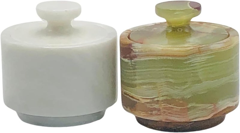 OceanicX Premium Marble Salt Cellar with Lid 2 Pack | 3.5 oz Kitchen Storage Container | Elegant Cooking Salt Box | Spice Jar Keeper for Counter (White Green) - Image 1