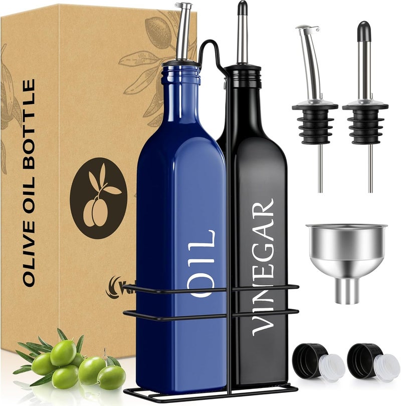 Vakoo Oil and Vinegar Dispenser Set - 17oz/500ml, Extra Thick Glass, Leak-Proof, Olive Oil Dispenser Bottle for Kitchen (Blue Black) - Image 1