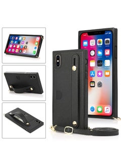 Case Cover For iPhone X / XS Wrist Strap PU+TPU Shockproof Protective Case with Crossbody Lanyard & Holder & Card Slot Black