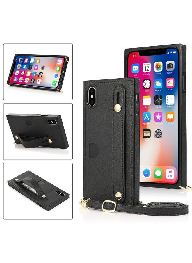 Generic - Case Cover For iPhone X / XS Wrist Strap PU+TPU Shockproof Protective Case with Crossbody Lanyard & Holder & Card Slot Black - Image 1