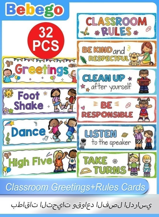 BEBEGO 32PCS Classroom Greetings & Rules Cards - 3.1*9.8inches 2D Flat Frameless Social Skills Decor, Colorful "Say Hello" Phrases + Interactive Class Rules for Morning Meeting, Bulletin Board Headliners, Back to School Supplies & Classroom Decoration - Image 1