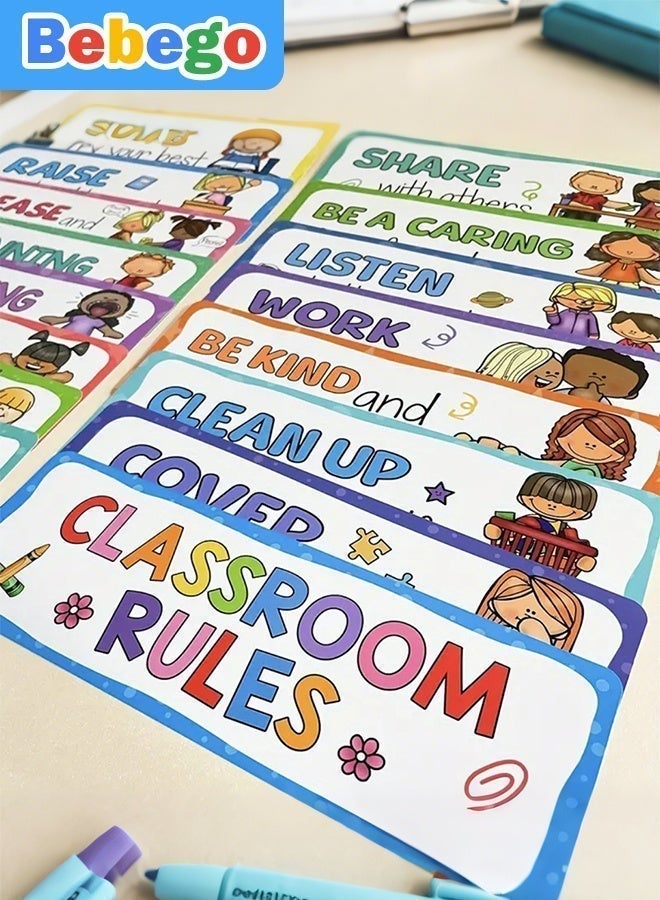 BEBEGO 32PCS Classroom Greetings & Rules Cards - 3.1*9.8inches 2D Flat Frameless Social Skills Decor, Colorful "Say Hello" Phrases + Interactive Class Rules for Morning Meeting, Bulletin Board Headliners, Back to School Supplies & Classroom Decoration - Image 3