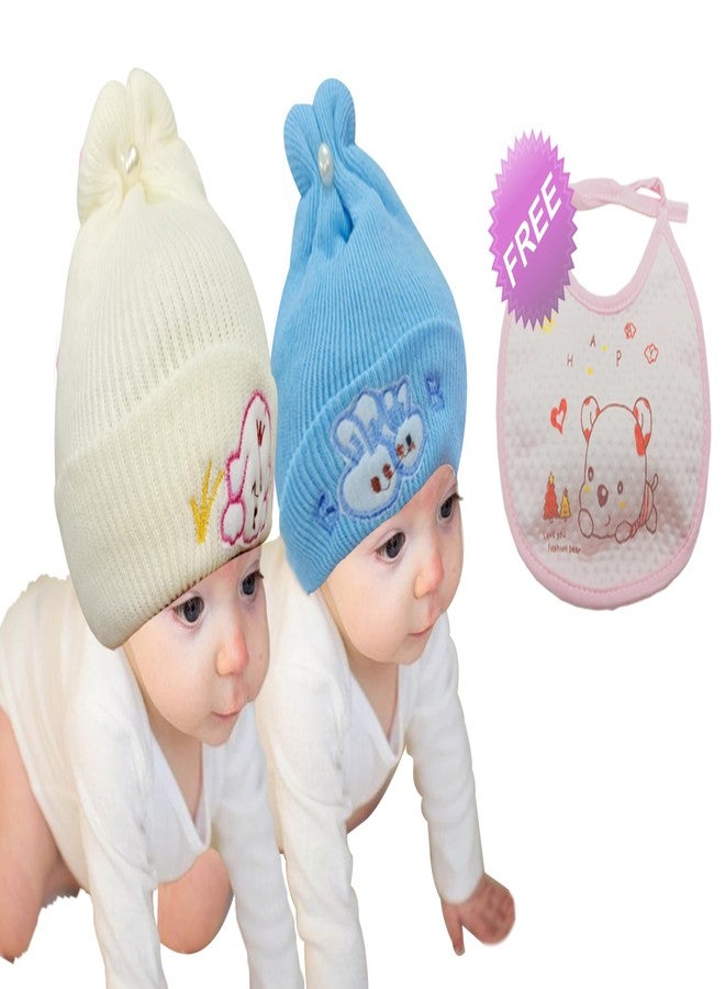 COOL INDIANS Combo of Baby Winter Cap & Baby Bibs | New Born Baby Kid's Cap | Cotton Baby Bibs/Baby Apron with Titch Button I Woolen Cap for Kid's Boy's & Girl's (0-3 Months, Beige Blue) - Image 2