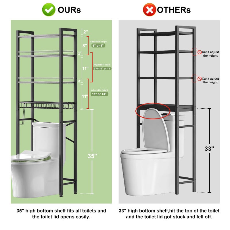 Kalrin Over-The-Toilet Storage Rack, 4-Tier Bathroom Organizer Shelf Over Toilet with Adjustable Shelf and Basket, Freestanding Space Saver Bathroom Shelves Above Toilet for Room (Pure Gray) - Image 4