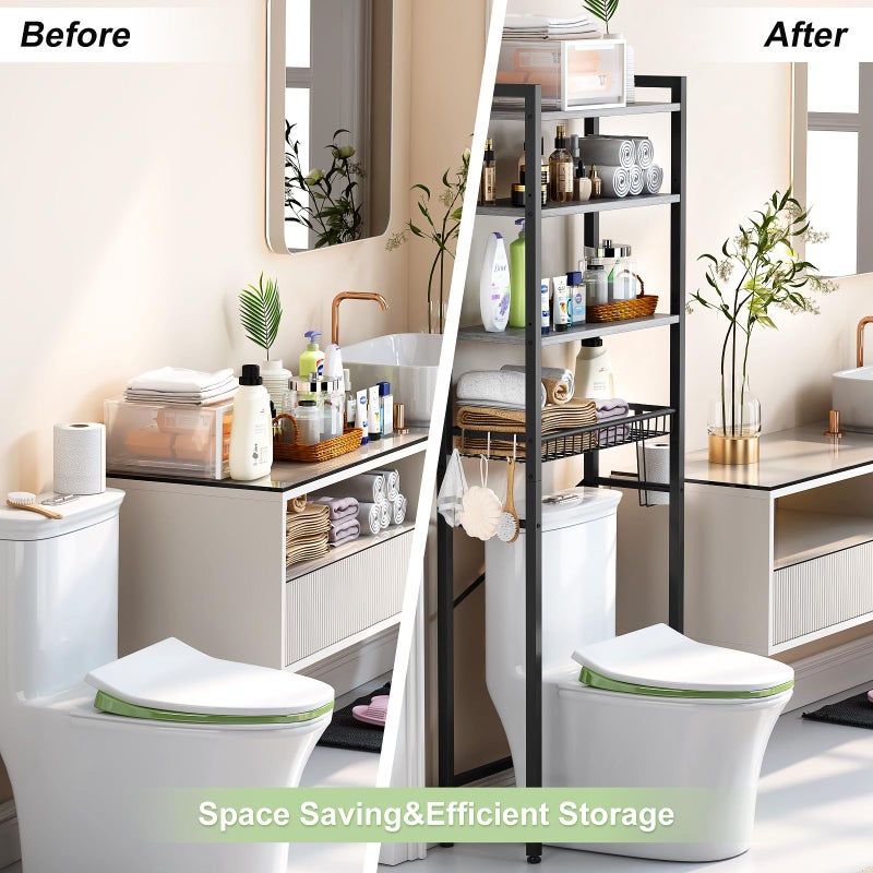 Kalrin Over-The-Toilet Storage Rack, 4-Tier Bathroom Organizer Shelf Over Toilet with Adjustable Shelf and Basket, Freestanding Space Saver Bathroom Shelves Above Toilet for Room (Pure Gray) - Image 3