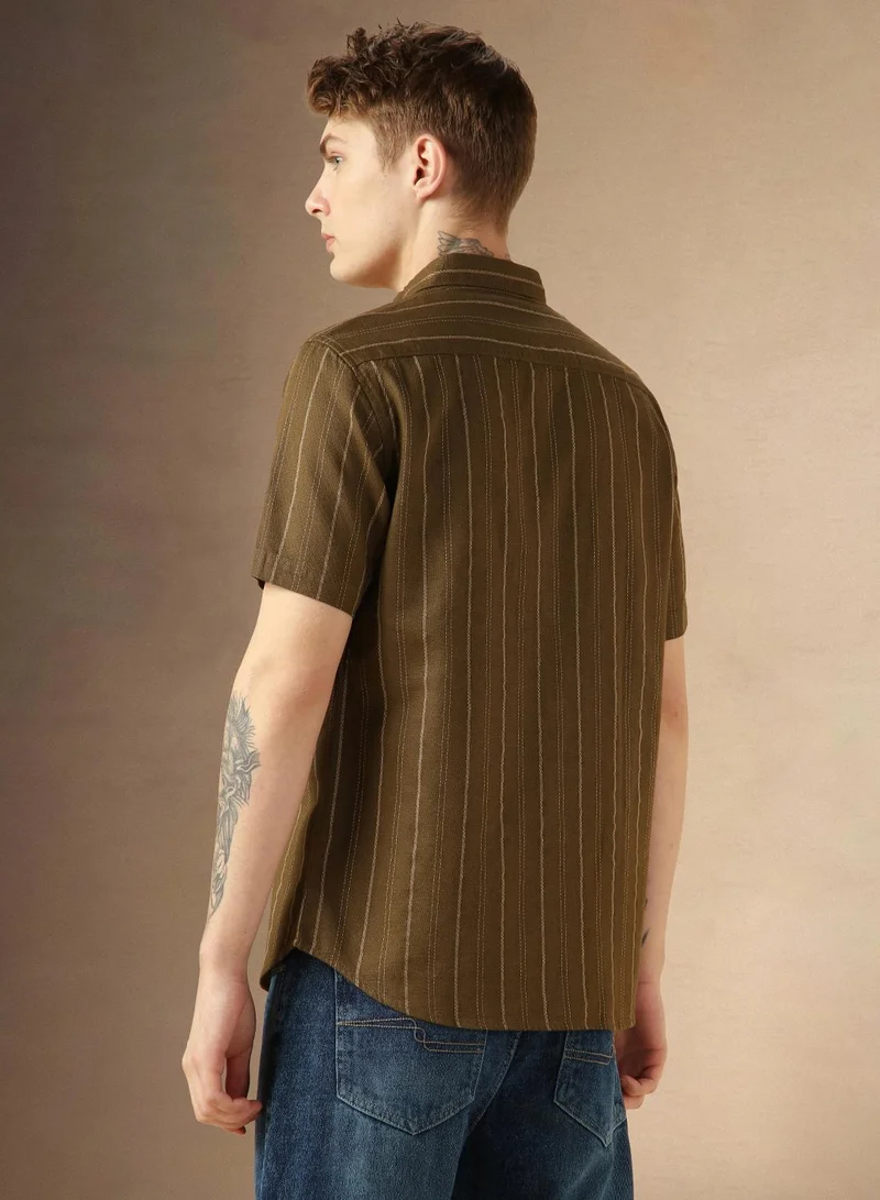 Dennis Lingo Men's Multicoloured Polyester Blend Striped Button Down Shirt