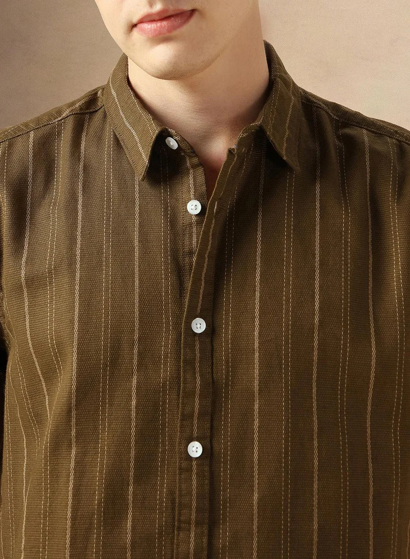 Dennis Lingo Men's Multicoloured Polyester Blend Striped Button Down Shirt