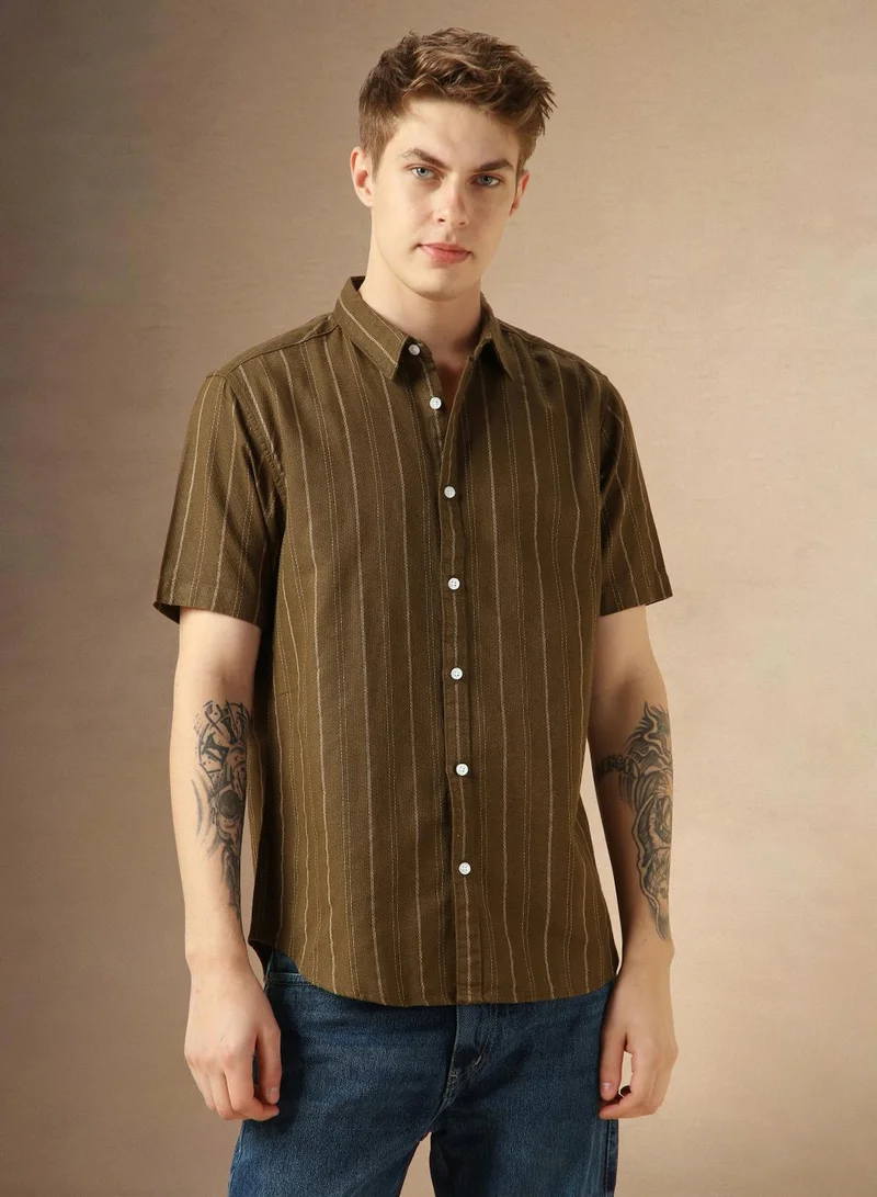 Dennis Lingo Men's Multicoloured Polyester Blend Striped Button Down Shirt