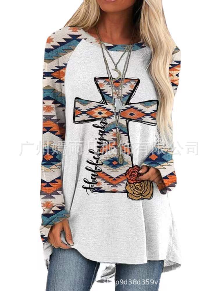 Independent station wish cross-border women's clothing European and American printing Western style raglan sleeves round neck long-sleeved loose T-shirt 2208 Figure5 XXXL - Image 4