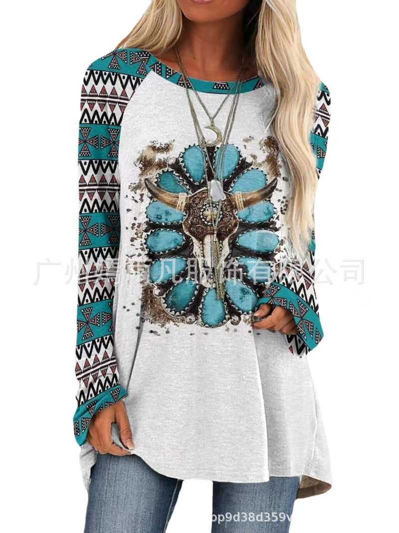 Independent station wish cross-border women's clothing European and American printing Western style raglan sleeves round neck long-sleeved loose T-shirt 2208 Figure5 XXXL - Image 5