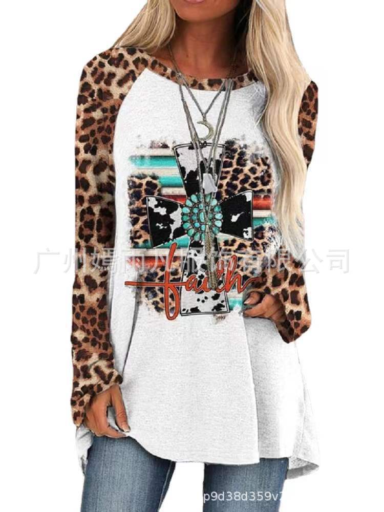 Independent station wish cross-border women's clothing European and American printing Western style raglan sleeves round neck long-sleeved loose T-shirt 2208 Figure5 XXXL - Image 3