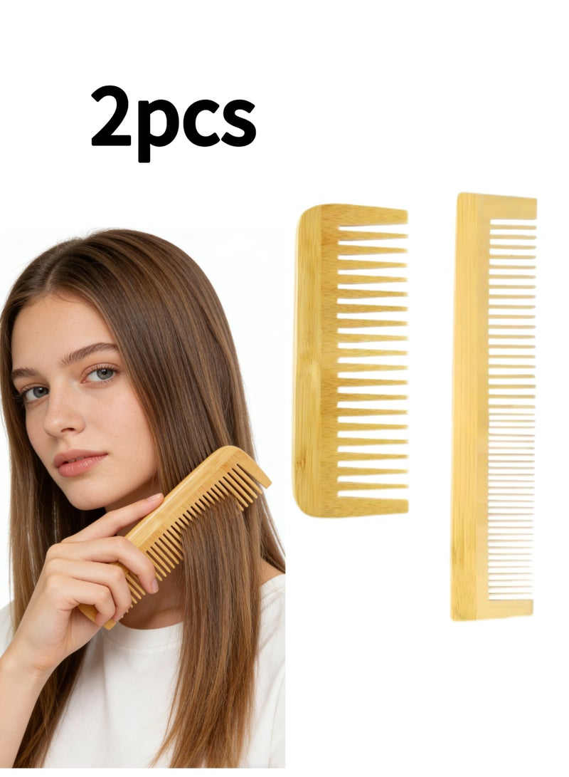 مشطان من الخيزران ذو أسنان عريضة، مشط لفك تشابك الشعر من الخشب الطبيعي للرجال والنساء، مشط مضاد للكهرباء الساكنة للشعر الرطب والجاف، مشط لتنعيم جميع أنواع الشعر، أداة محمولة للعناية بالشعر أثناء السفر - Image 1