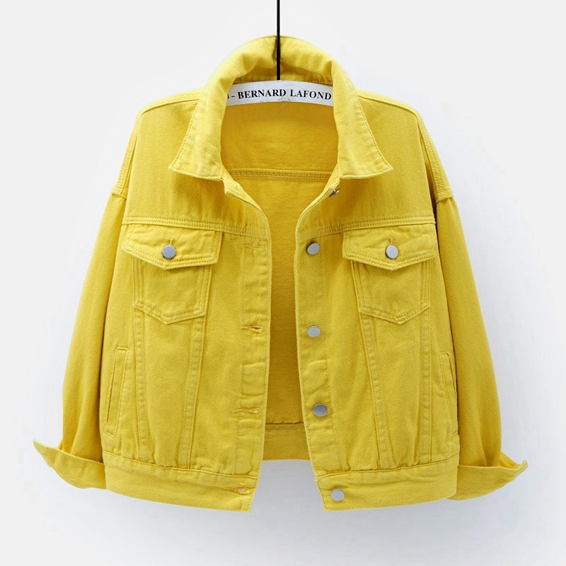 Spring Fall Colorful Plus-Size Denim Jacket Womens Loose Fit Casual BF Style Yellow 