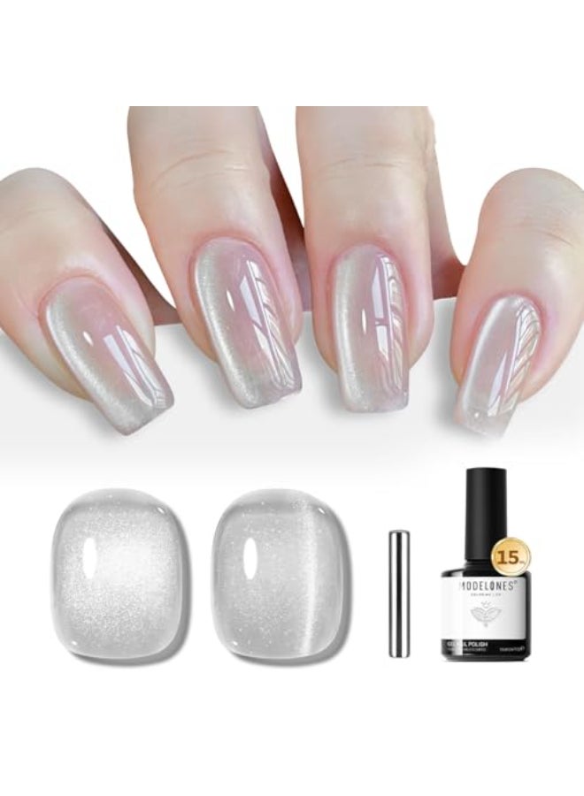 modelones Silver Cat Eye Gel Nail Polish Glitter White Cat Eye Gel Polish Clear 9D Holographic High Density Crystal Nail Polish with Magnet Soak Off U V Shimmer Polish valentine Nail 15ML - Image 1