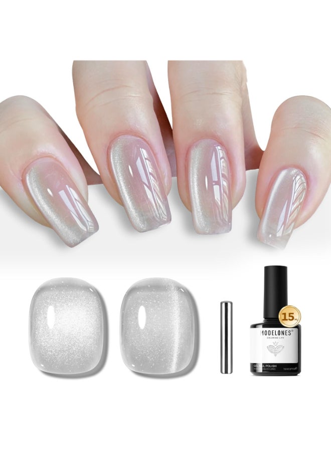 modelones Silver Cat Eye Gel Nail Polish Glitter White Cat Eye Gel Polish Clear 9D Holographic High Density Crystal Nail Polish with Magnet Soak Off U V Shimmer Polish valentine Nail 15ML - Image 2