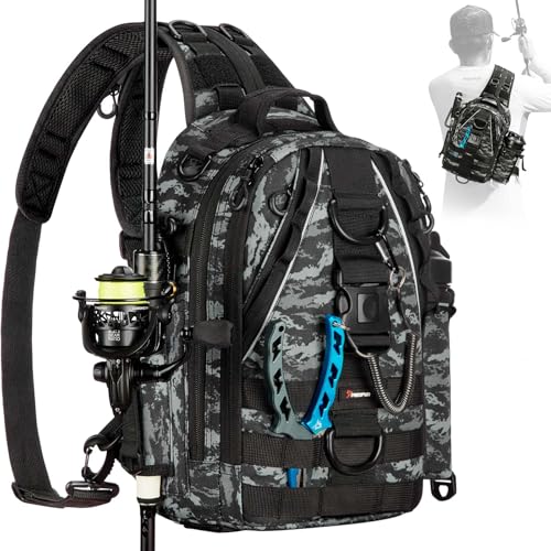Piscifun Fishing Tackle Backpack with Rod & Gear Holder, Lightweight Outdoor Water-Resistant Fishing Shoulder Storage Bag, Black Camouflage - Image 1