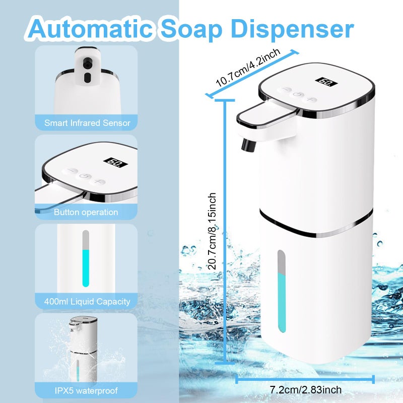 Ohifast Automatic Foaming Soap Dispenser Touchless  Usb Rechargeable Smart Hand Soap Dispenser  9-Level Adjustable  Physical Button Operation  13.5Oz/400Ml Wall Mounted For Bathroom Kitchen Dish Soap - Image 2