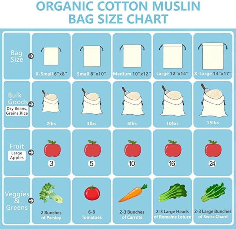 Luckam 12 Pack 15 x 20 CM Reusable Produce Bags, Muslin Bags with Drawstrings for Shopping and Storage, 100% Natural Cotton Bags, Washable, Biodegradable, for Fruit Vegetable and More, Food Safe - Image 4